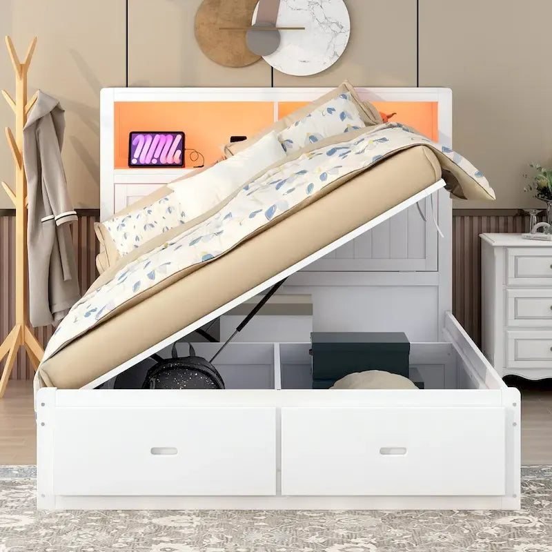 Lit plateforme hydraulique en bois Queen Size avec éclairage LED et station de recharge