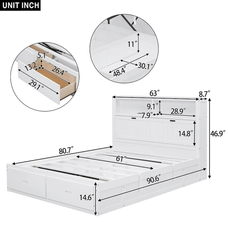 Lit plateforme hydraulique en bois Queen Size avec éclairage LED et station de recharge