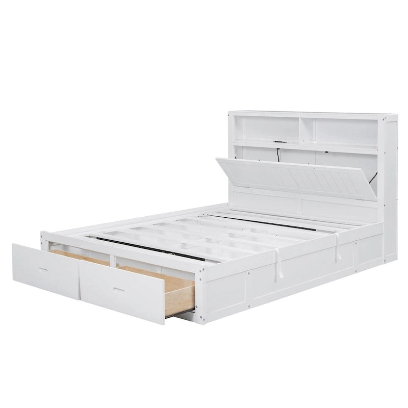 Lit plateforme hydraulique en bois Queen Size avec éclairage LED et station de recharge