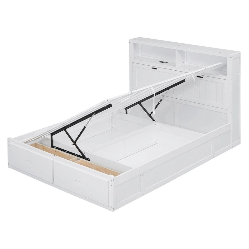 Lit plateforme hydraulique en bois Queen Size avec éclairage LED et station de recharge