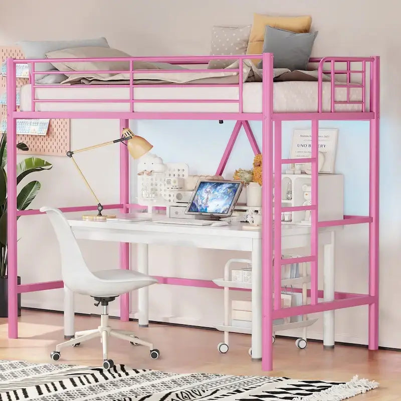 Cadre de lit mezzanine double, structure métallique robuste avec barrière de sécurité sur toute la longueur et escalier amovible pour enfants et adultes