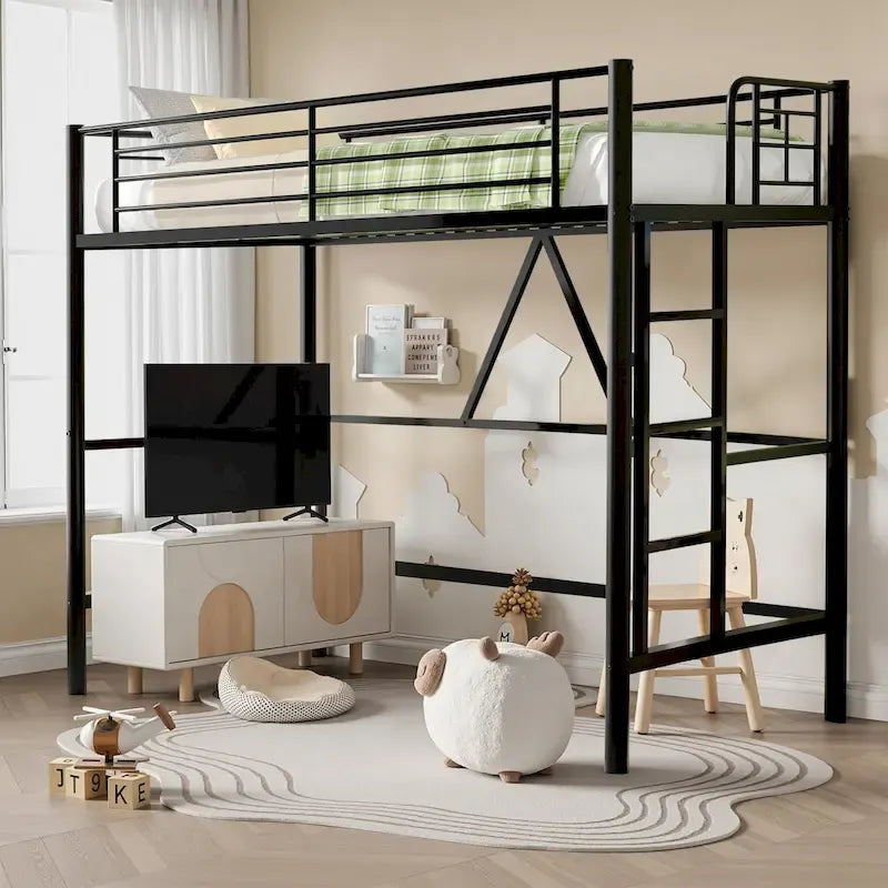 Cadre de lit mezzanine double, structure métallique robuste avec barrière de sécurité sur toute la longueur et escalier amovible pour enfants et adultes