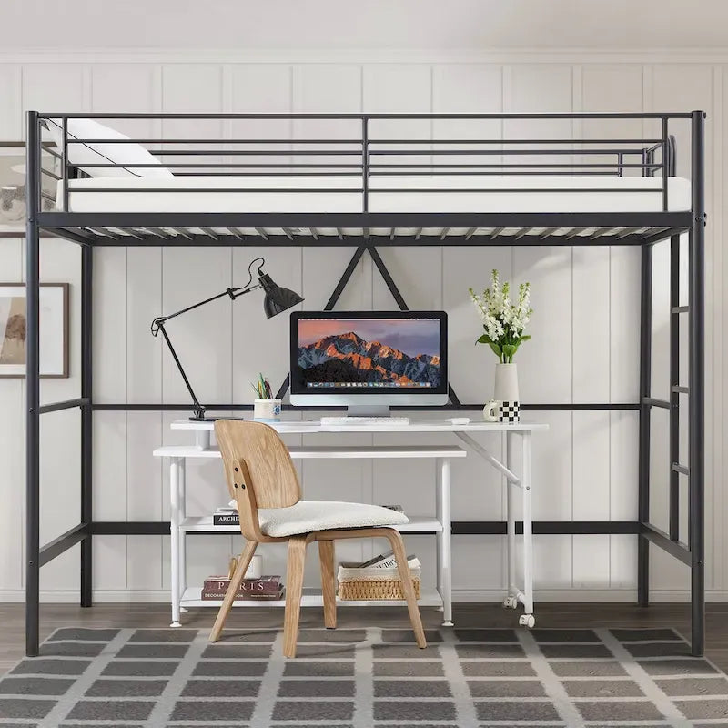 Cadre de lit mezzanine double, structure métallique robuste avec barrière de sécurité sur toute la longueur et escalier amovible pour enfants et adultes
