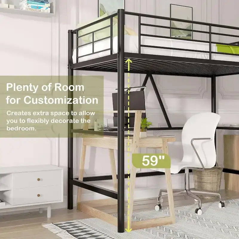 Cadre de lit mezzanine double, structure métallique robuste avec barrière de sécurité sur toute la longueur et escalier amovible pour enfants et adultes