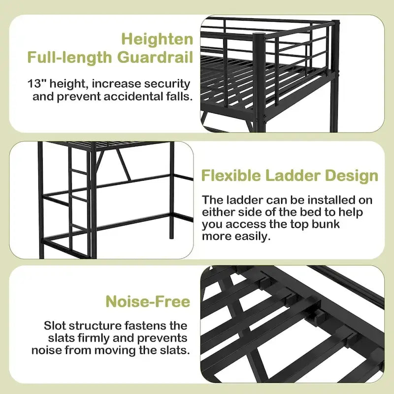 Cadre de lit mezzanine double, structure métallique robuste avec barrière de sécurité sur toute la longueur et escalier amovible pour enfants et adultes