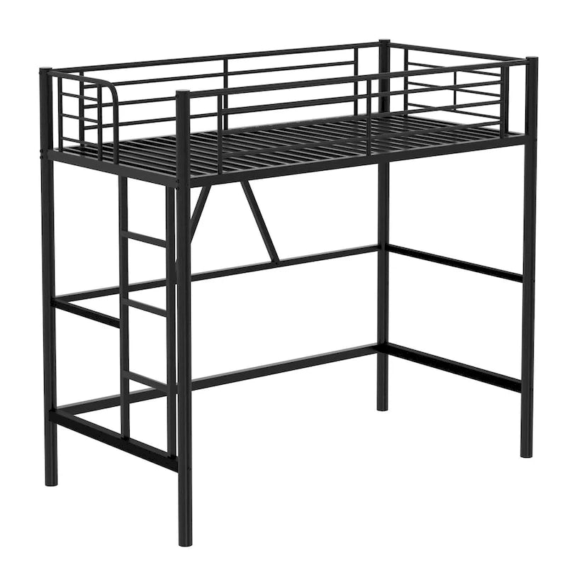 Cadre de lit mezzanine double, structure métallique robuste avec barrière de sécurité sur toute la longueur et escalier amovible pour enfants et adultes