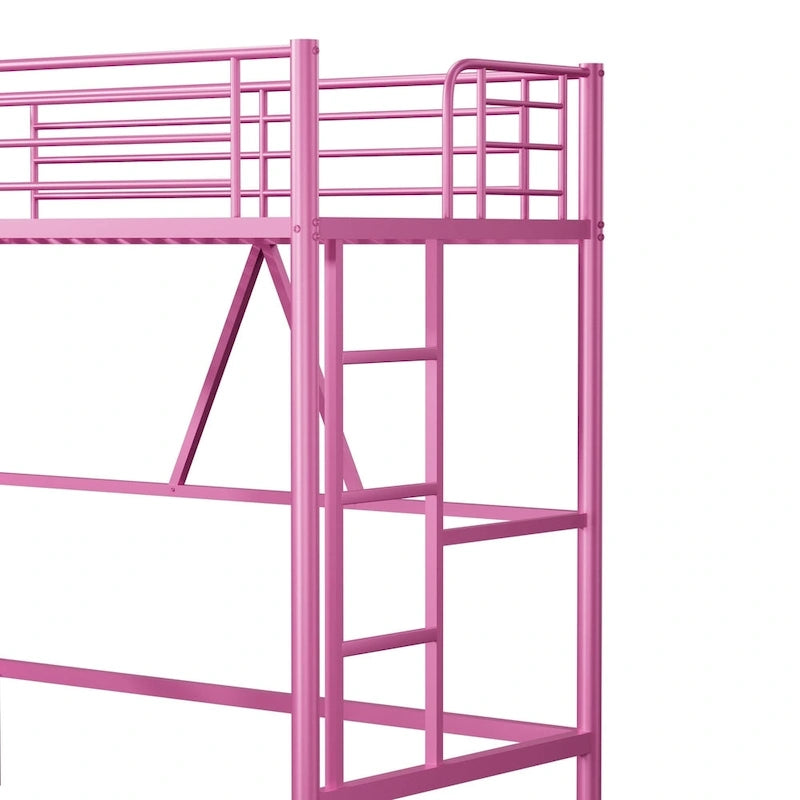 Cadre de lit mezzanine double, structure métallique robuste avec barrière de sécurité sur toute la longueur et escalier amovible pour enfants et adultes