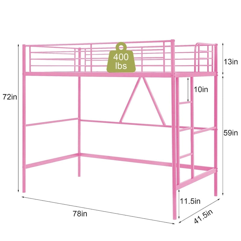 Cadre de lit mezzanine double, structure métallique robuste avec barrière de sécurité sur toute la longueur et escalier amovible pour enfants et adultes