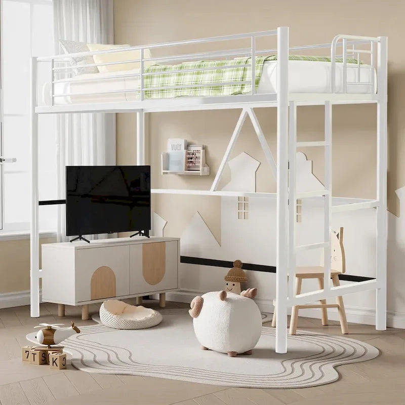 Cadre de lit mezzanine double, structure métallique robuste avec barrière de sécurité sur toute la longueur et escalier amovible pour enfants et adultes