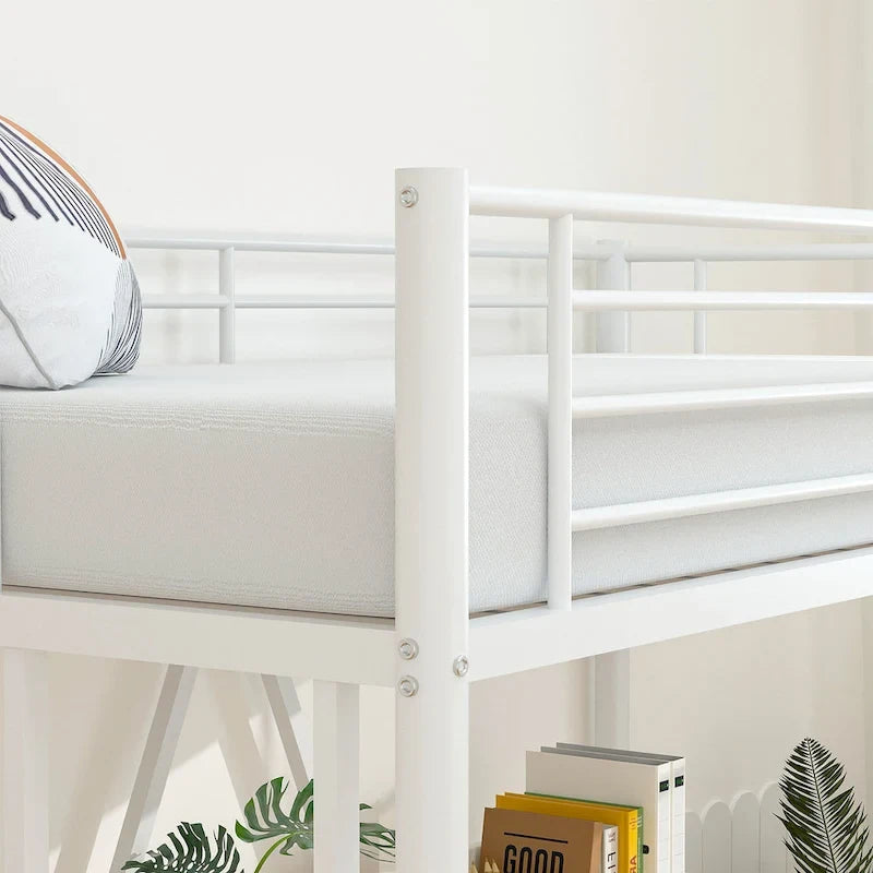 Cadre de lit mezzanine double, structure métallique robuste avec barrière de sécurité sur toute la longueur et escalier amovible pour enfants et adultes