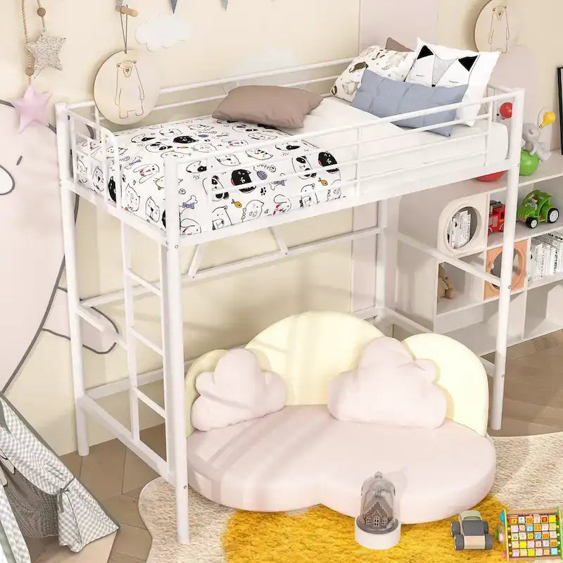 Cadre de lit mezzanine double, structure métallique robuste avec barrière de sécurité sur toute la longueur et escalier amovible pour enfants et adultes