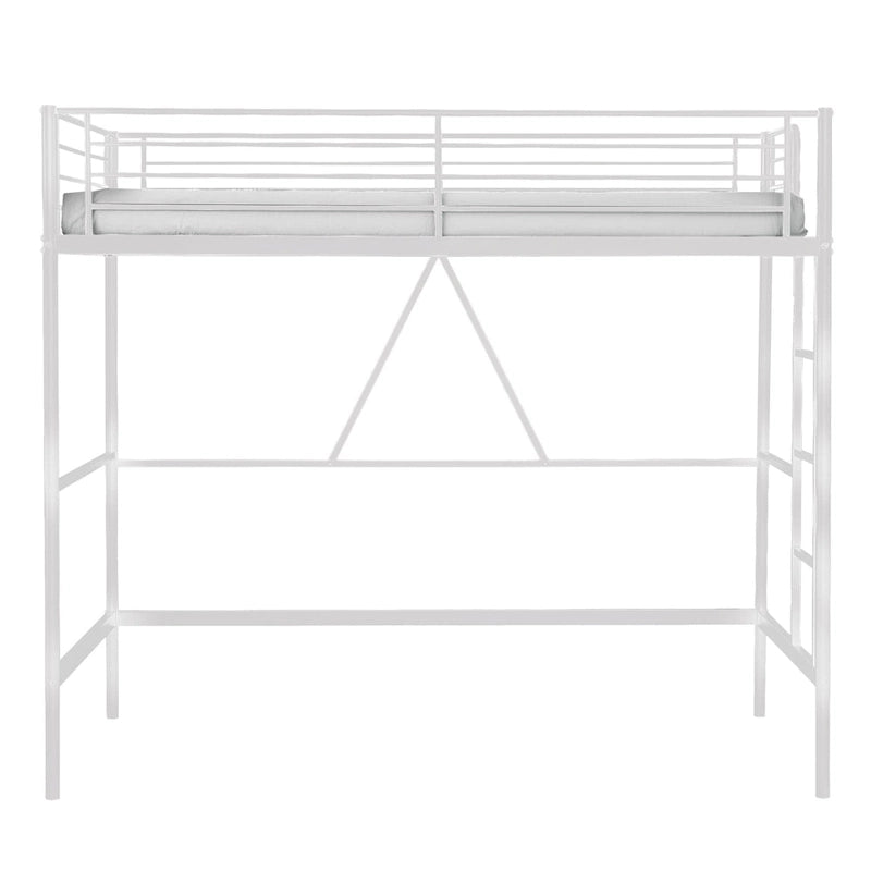 Cadre de lit mezzanine double, structure métallique robuste avec barrière de sécurité sur toute la longueur et escalier amovible pour enfants et adultes