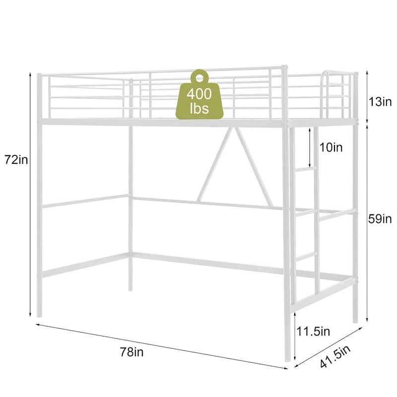 Cadre de lit mezzanine double, structure métallique robuste avec barrière de sécurité sur toute la longueur et escalier amovible pour enfants et adultes