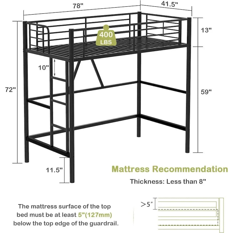 Cadre de lit mezzanine double, structure métallique robuste avec barrière de sécurité sur toute la longueur et escalier amovible pour enfants et adultes