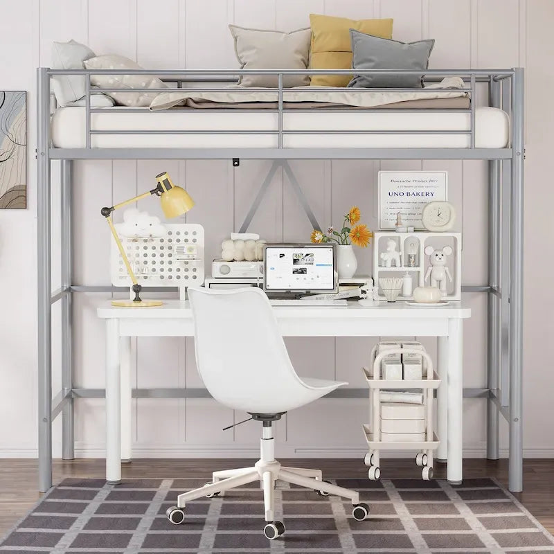 Cadre de lit mezzanine double, structure métallique robuste avec barrière de sécurité sur toute la longueur et escalier amovible pour enfants et adultes