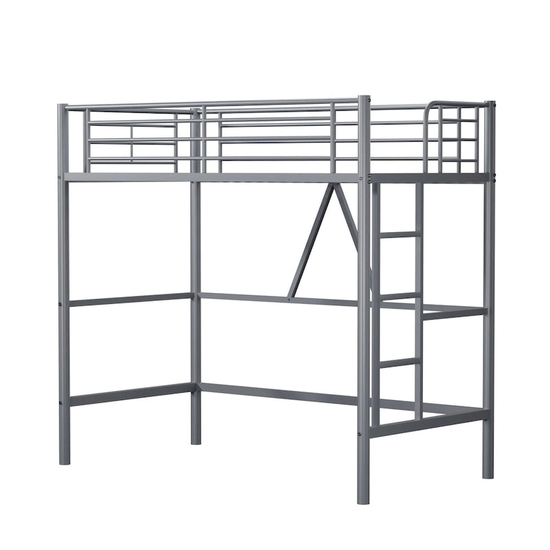 Cadre de lit mezzanine double, structure métallique robuste avec barrière de sécurité sur toute la longueur et escalier amovible pour enfants et adultes