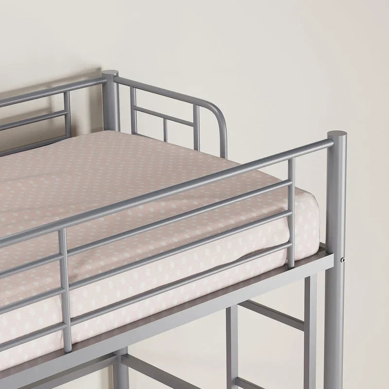 Cadre de lit mezzanine double, structure métallique robuste avec barrière de sécurité sur toute la longueur et escalier amovible pour enfants et adultes