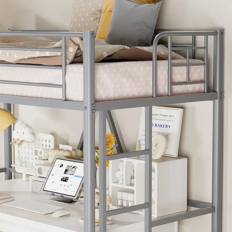 Cadre de lit mezzanine double, structure métallique robuste avec barrière de sécurité sur toute la longueur et escalier amovible pour enfants et adultes