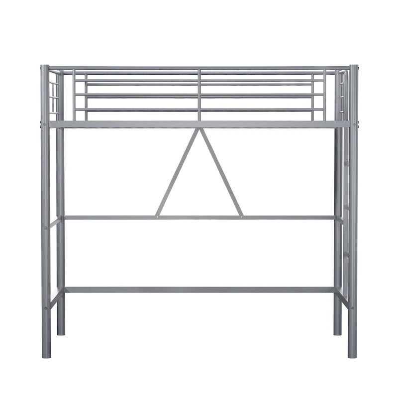Cadre de lit mezzanine double, structure métallique robuste avec barrière de sécurité sur toute la longueur et escalier amovible pour enfants et adultes