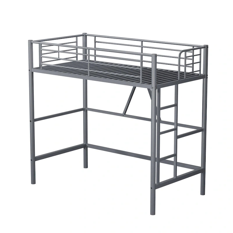 Cadre de lit mezzanine double, structure métallique robuste avec barrière de sécurité sur toute la longueur et escalier amovible pour enfants et adultes