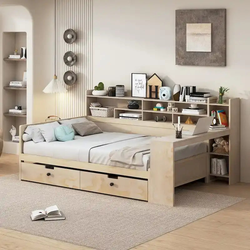 Lit de jour en bois pleine grandeur avec étagères de rangement