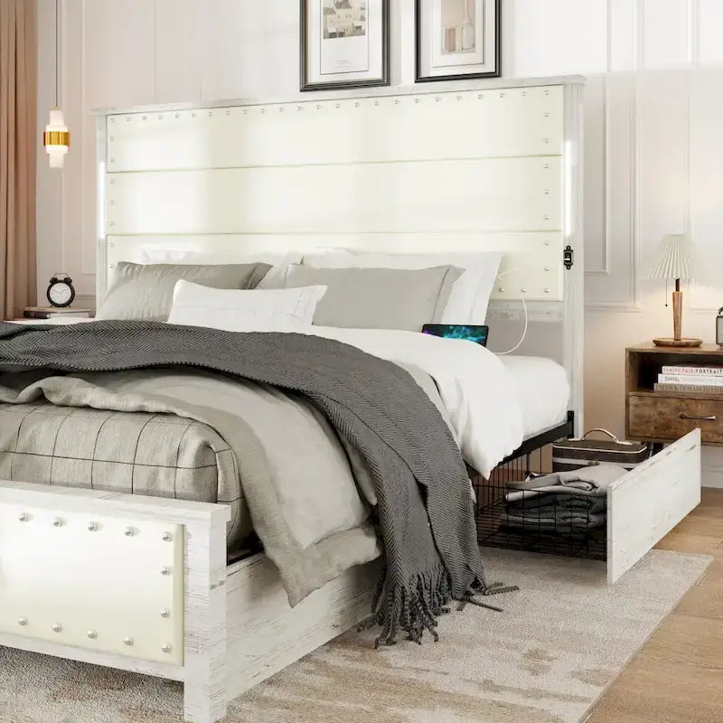 Cadre de lit avec tête de lit et 4 tiroirs de rangement, station de recharge et éclairage LED