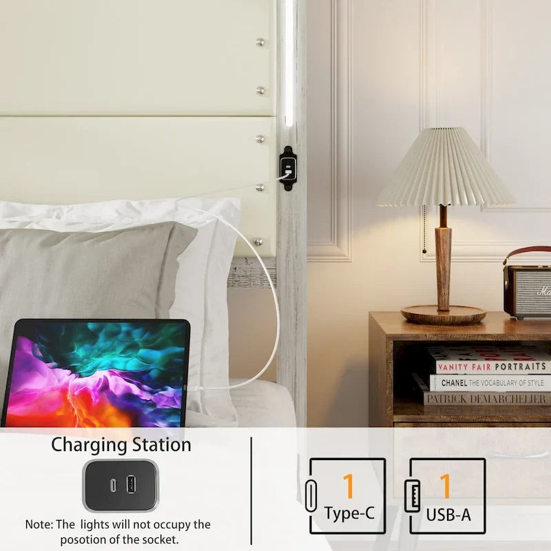 Cadre de lit avec tête de lit et 4 tiroirs de rangement, station de recharge et éclairage LED