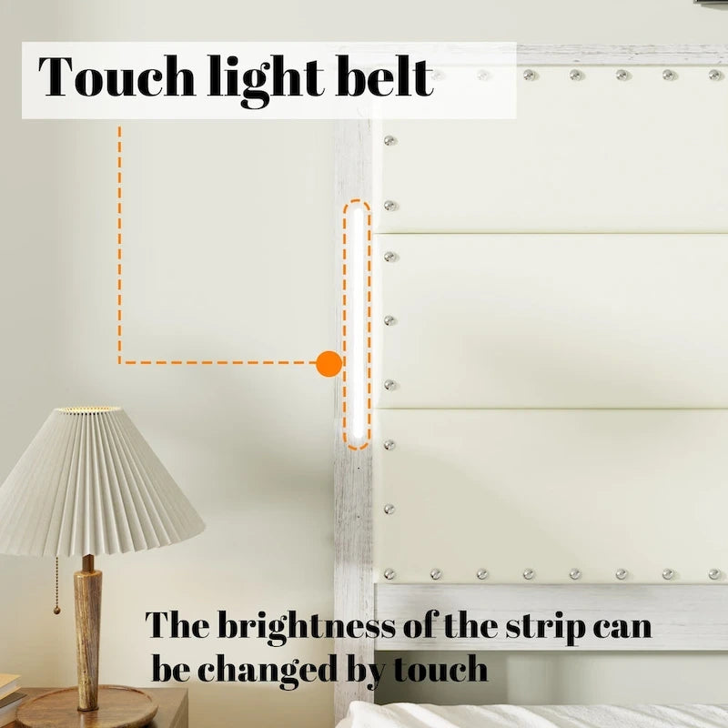 Cadre de lit avec tête de lit et 4 tiroirs de rangement, station de recharge et éclairage LED