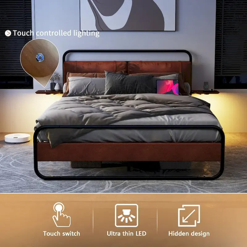 Cadre de lit en métal avec tête de lit rembourrée, chargement sans fil, ports USB A et USB C et éclairage LED