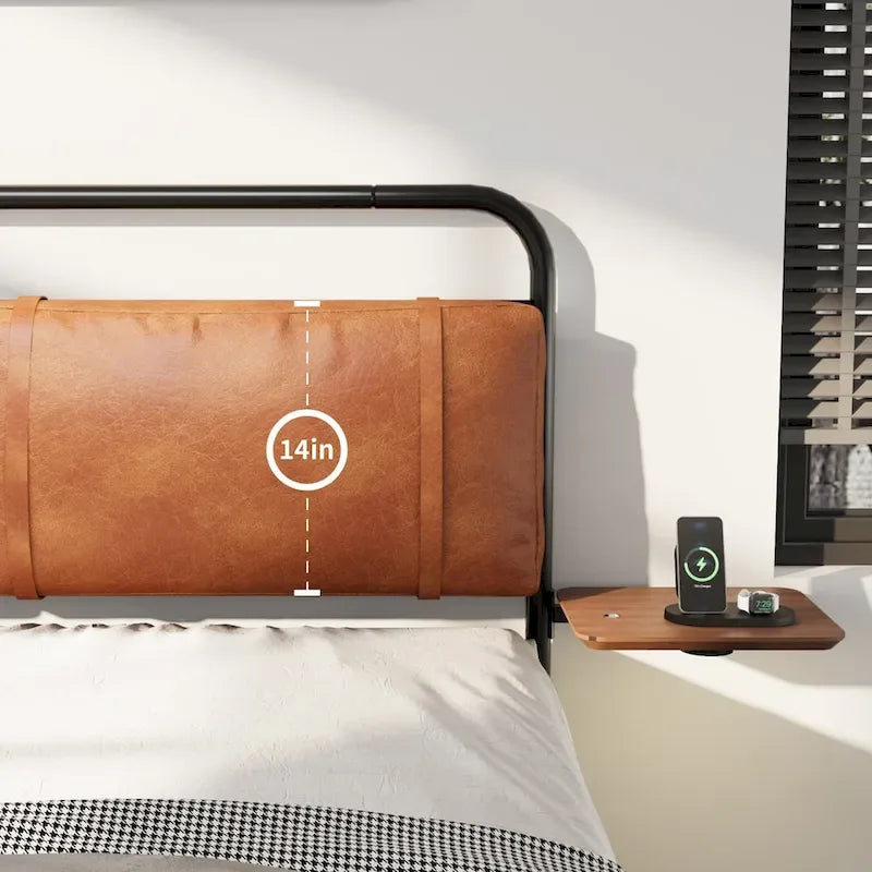 Cadre de lit en métal avec tête de lit rembourrée, chargement sans fil, ports USB A et USB C et éclairage LED