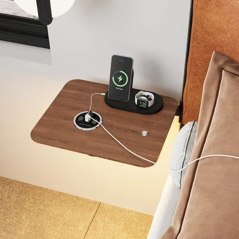 Cadre de lit en métal avec tête de lit rembourrée, chargement sans fil, ports USB A et USB C et éclairage LED