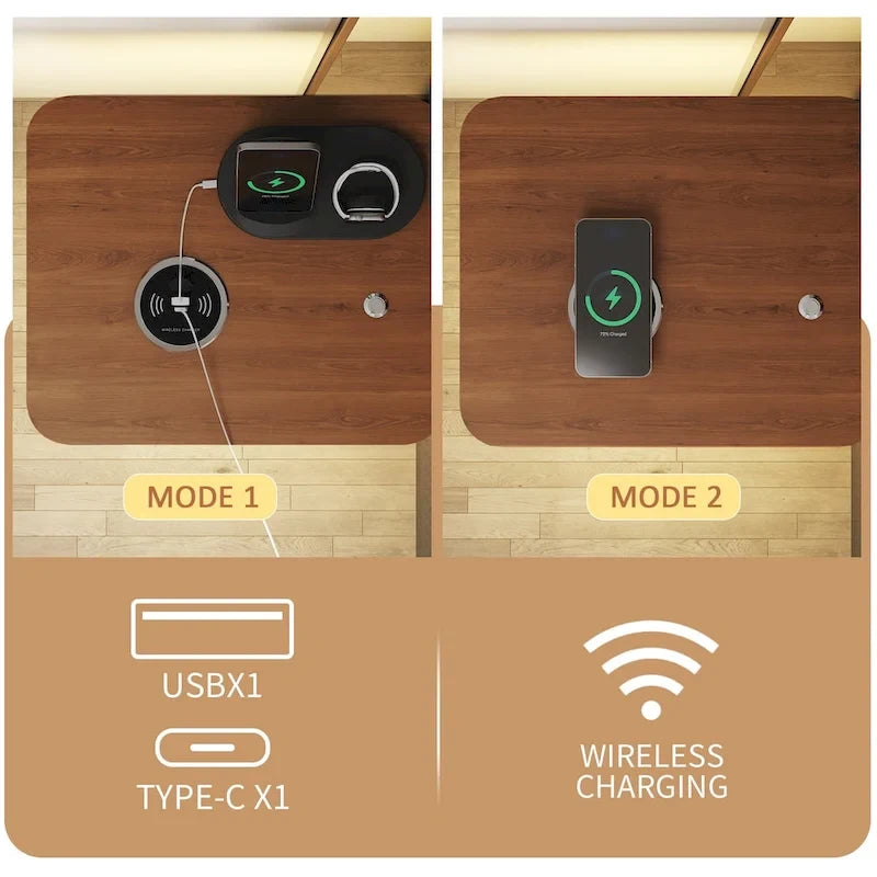 Cadre de lit en métal avec tête de lit rembourrée, chargement sans fil, ports USB A et USB C et éclairage LED