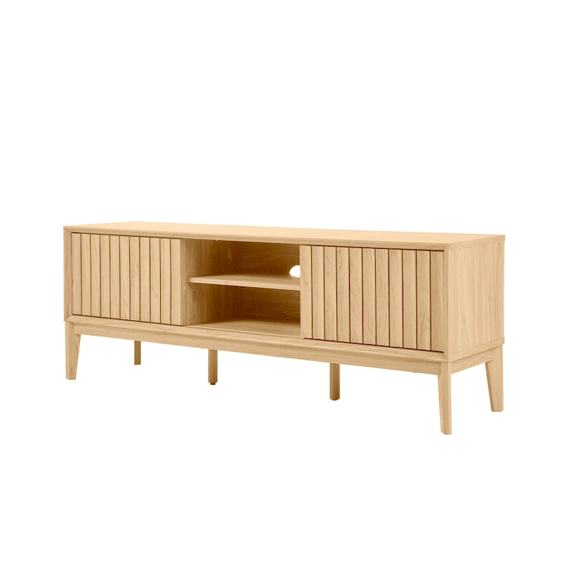 Meuble TV Damien 58 po, style ferme, avec 3 compartiments de rangement et portes coulissantes, compatible avec les téléviseurs jusqu'à 65 po, avec système de gestion des câbles, par JONATHAN Y - 58