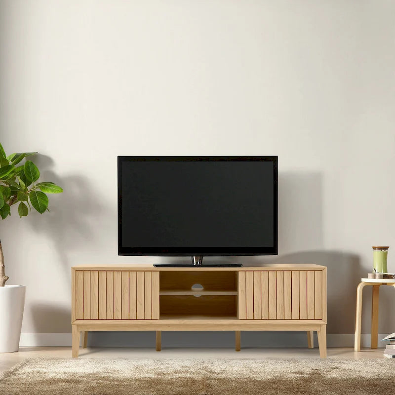 Meuble TV Damien 58 po, style ferme, avec 3 compartiments de rangement et portes coulissantes, compatible avec les téléviseurs jusqu'à 65 po, avec système de gestion des câbles, par JONATHAN Y - 58