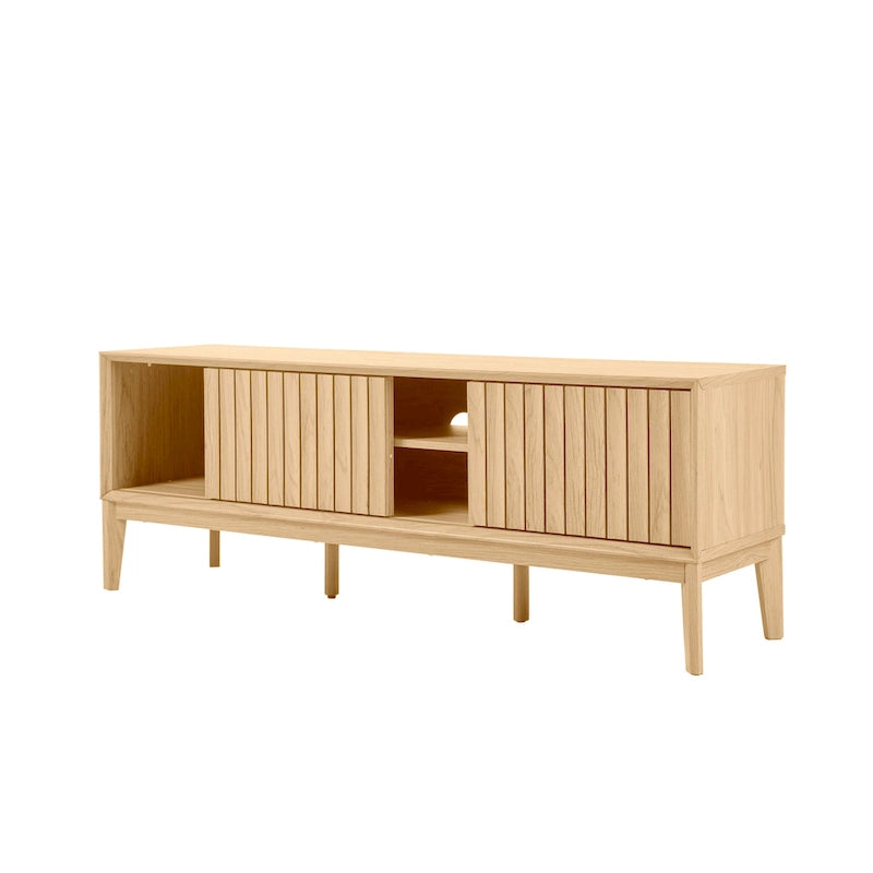 Meuble TV Damien 58 po, style ferme, avec 3 compartiments de rangement et portes coulissantes, compatible avec les téléviseurs jusqu'à 65 po, avec système de gestion des câbles, par JONATHAN Y - 58