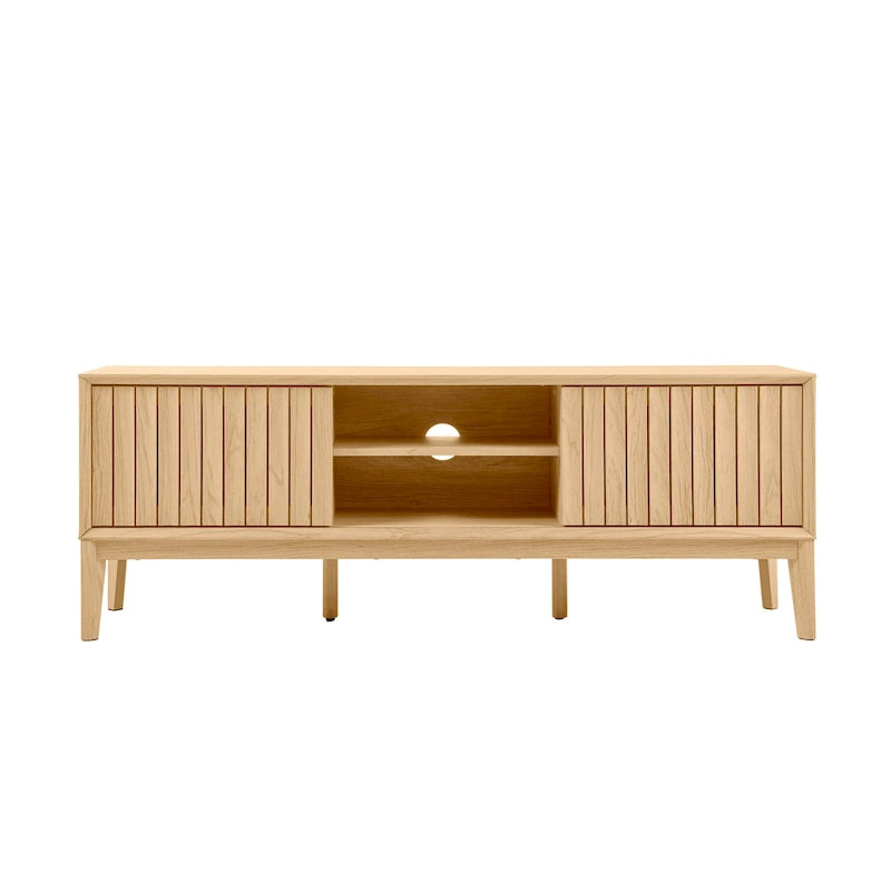 Meuble TV Damien 58 po, style ferme, avec 3 compartiments de rangement et portes coulissantes, compatible avec les téléviseurs jusqu'à 65 po, avec système de gestion des câbles, par JONATHAN Y - 58