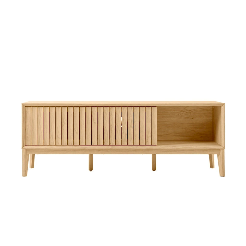 Meuble TV Damien 58 po, style ferme, avec 3 compartiments de rangement et portes coulissantes, compatible avec les téléviseurs jusqu'à 65 po, avec système de gestion des câbles, par JONATHAN Y - 58