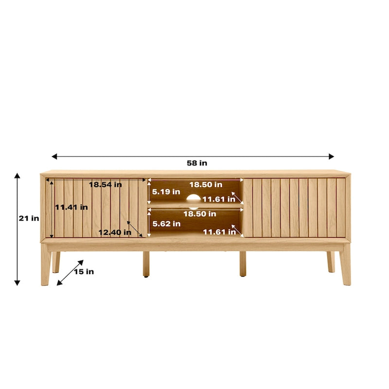 Meuble TV Damien 58 po, style ferme, avec 3 compartiments de rangement et portes coulissantes, compatible avec les téléviseurs jusqu'à 65 po, avec système de gestion des câbles, par JONATHAN Y - 58