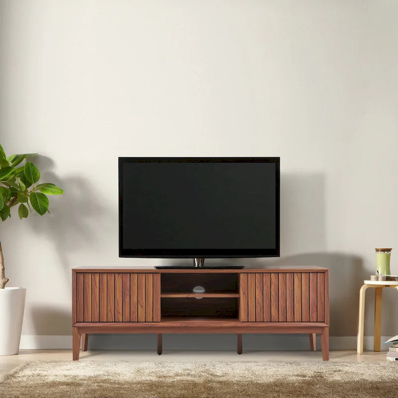 Meuble TV Damien 58 po, style ferme, avec 3 compartiments de rangement et portes coulissantes, compatible avec les téléviseurs jusqu'à 65 po, avec système de gestion des câbles, par JONATHAN Y - 58