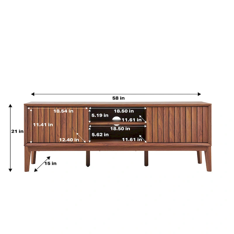 Meuble TV Damien 58 po, style ferme, avec 3 compartiments de rangement et portes coulissantes, compatible avec les téléviseurs jusqu'à 65 po, avec système de gestion des câbles, par JONATHAN Y - 58