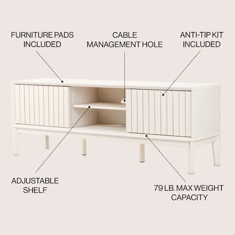 Meuble TV Damien 58 po, style ferme, avec 3 compartiments de rangement et portes coulissantes, compatible avec les téléviseurs jusqu'à 65 po, avec système de gestion des câbles, par JONATHAN Y - 58