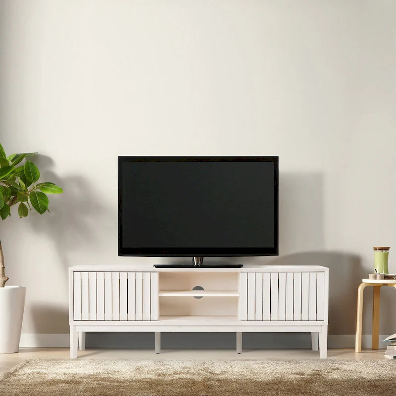 Meuble TV Damien 58 po, style ferme, avec 3 compartiments de rangement et portes coulissantes, compatible avec les téléviseurs jusqu'à 65 po, avec système de gestion des câbles, par JONATHAN Y - 58