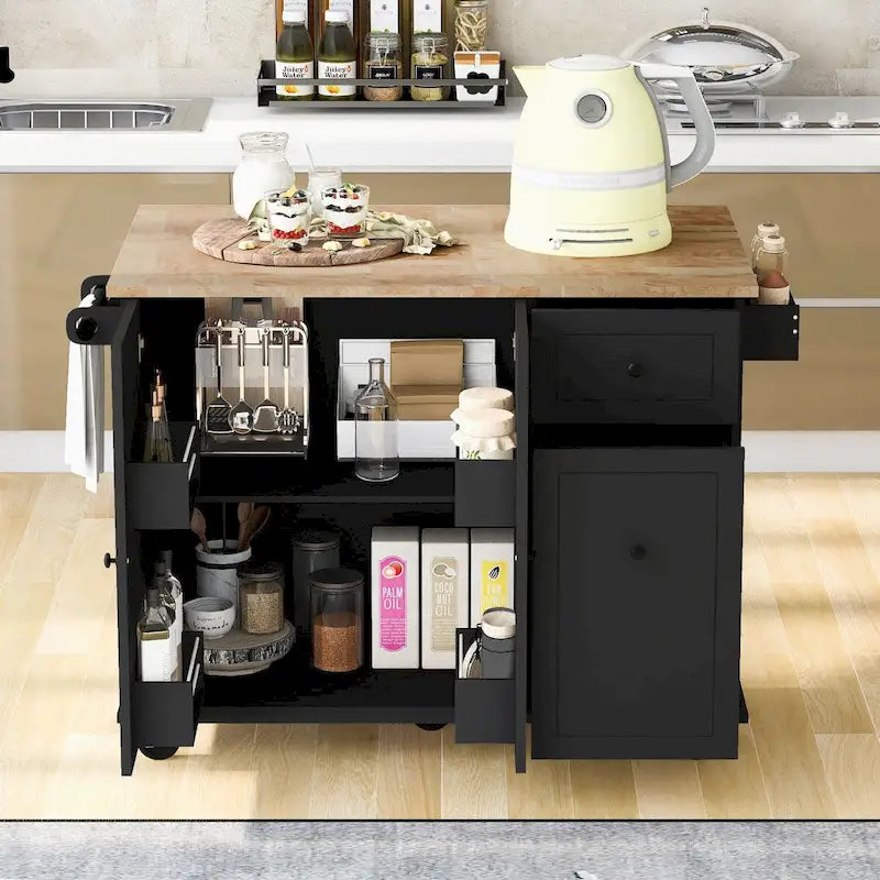 Chariot de cuisine en bois d'hévéa avec abattant, étagère de rangement interne et 2 tiroirs