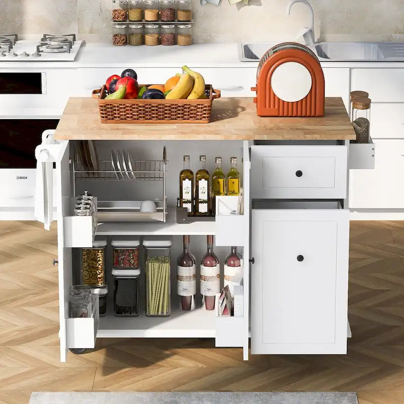 Chariot de cuisine en bois d'hévéa avec abattant, étagère de rangement interne et 2 tiroirs