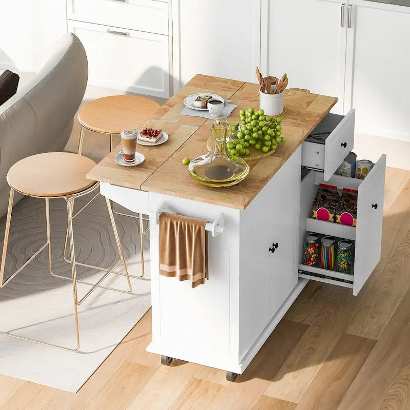Chariot de cuisine en bois d'hévéa avec abattant, étagère de rangement interne et 2 tiroirs
