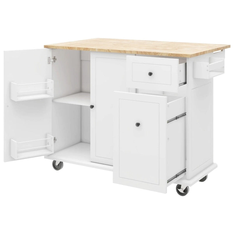 Chariot de cuisine en bois d'hévéa avec abattant, étagère de rangement interne et 2 tiroirs