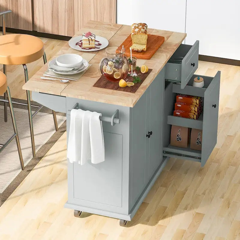 Chariot de cuisine en bois d'hévéa avec abattant, étagère de rangement interne et 2 tiroirs
