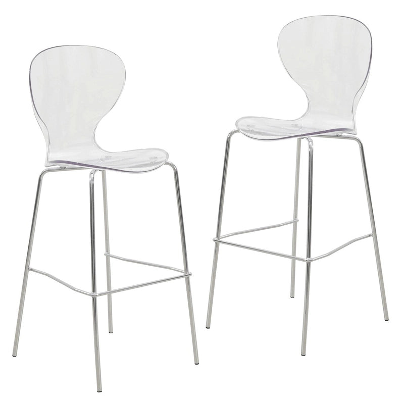 Tabouret de bar en acrylique avec structure en acier chromé, série Oyster, lot de 2