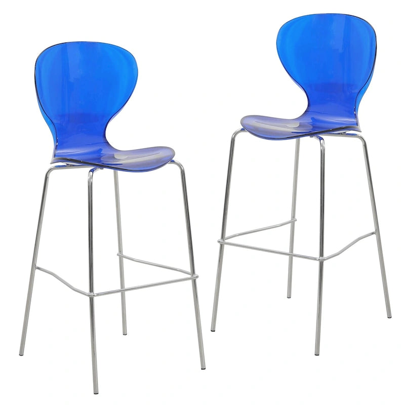 Tabouret de bar en acrylique avec structure en acier chromé, série Oyster, lot de 2