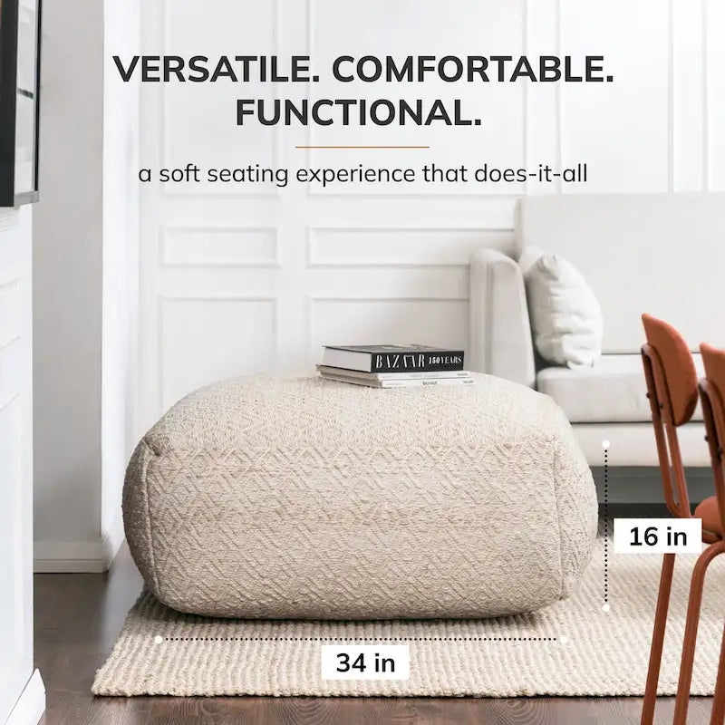 Pouf ottoman carré surdimensionné beige Jani Willamette 34 pouces - Repose-pieds élégant pour salon, chambre